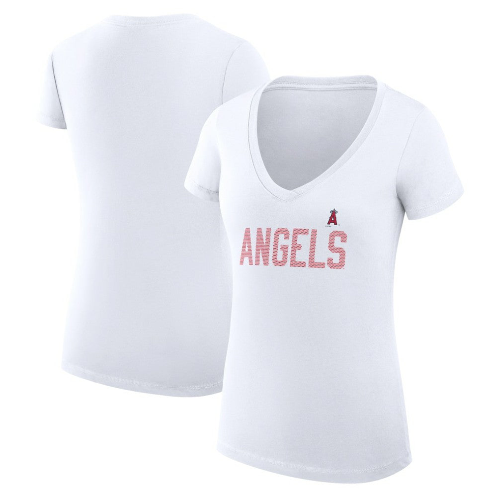 Los Angeles Angels G-III 4Her by Carl Banks Women's Super-Slim Fit Lightweight Dot Print V-Neck T-Shirt - White - MLB Lifestyle