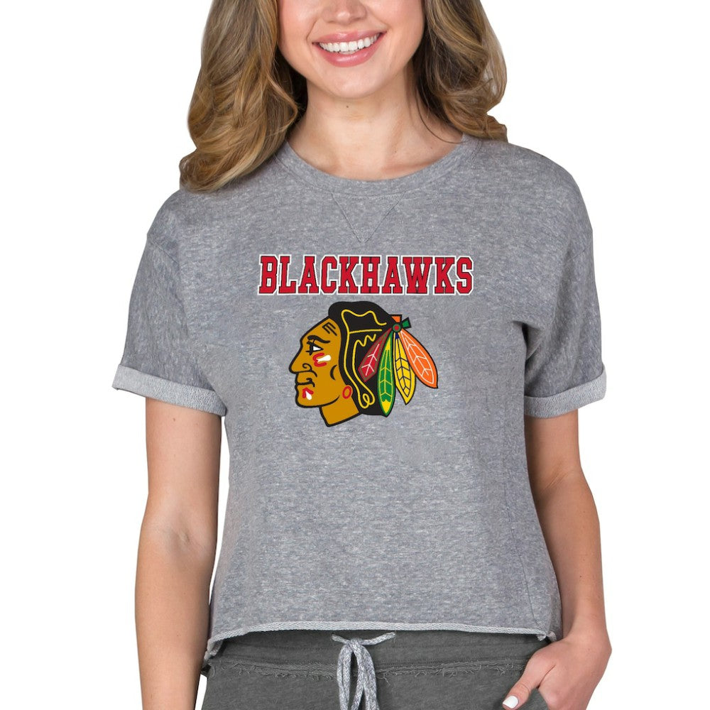 Chicago Blackhawks Concepts Sport Women's Tri-Blend Mainstream Terry Short Sleeve Sweatshirt Top - Heather Gray - NHL 200596332