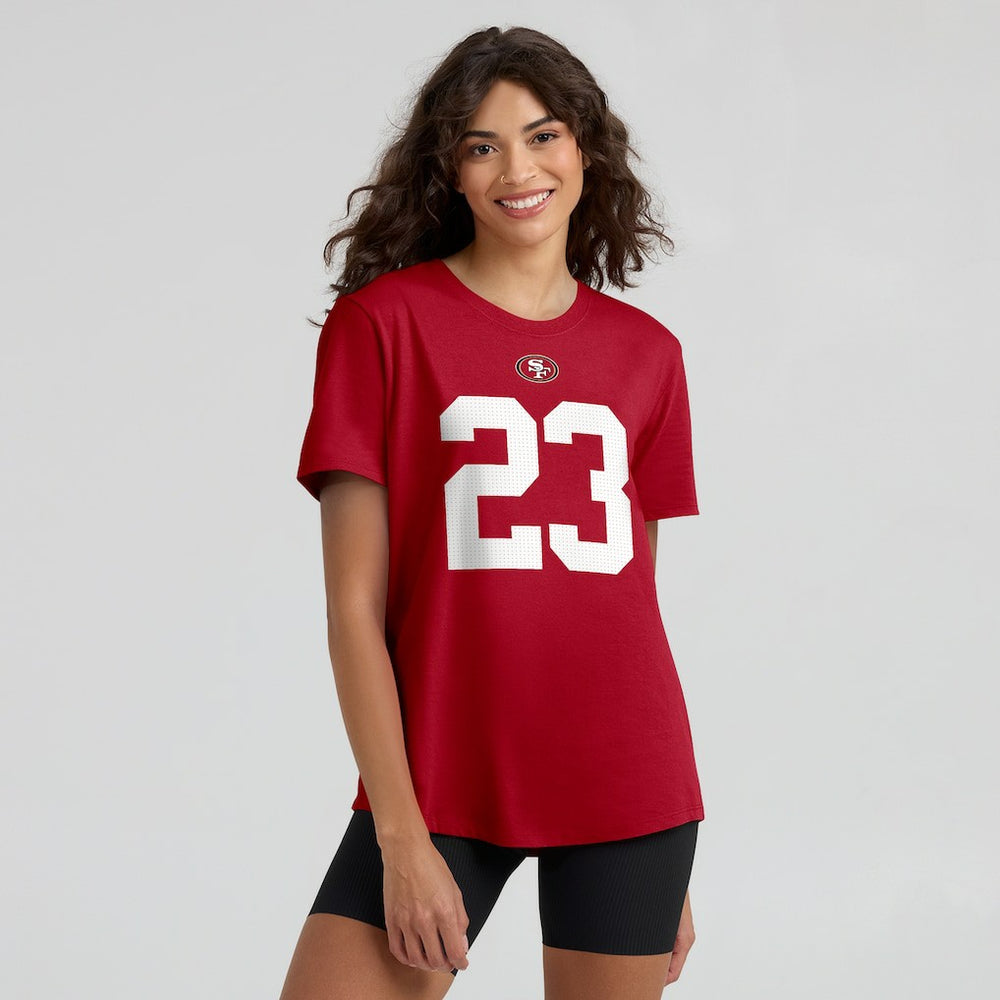 Nike Christian McCaffrey San Francisco 49ers Women's Player Name & Number T-Shirt Scarlet