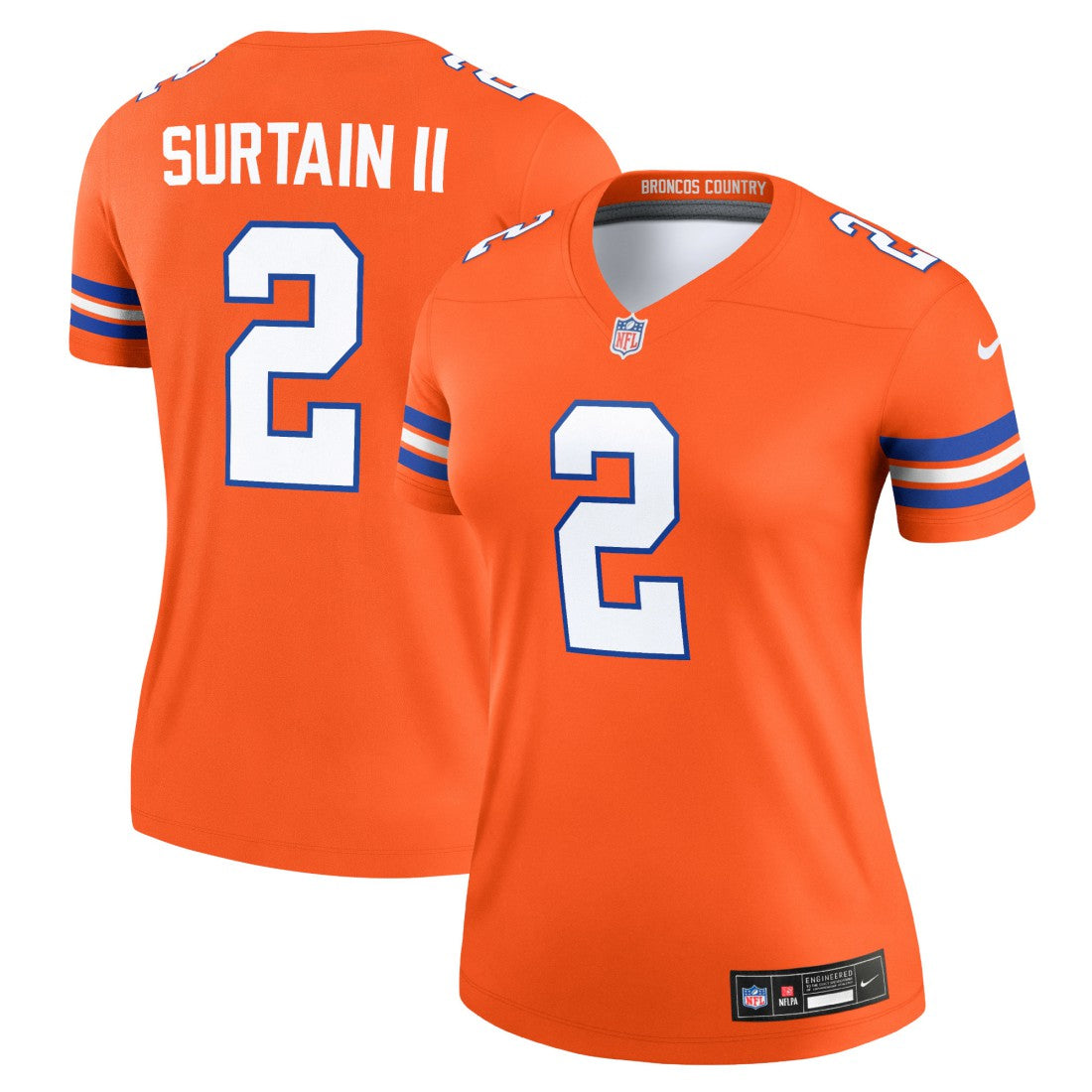 Nike Patrick Surtain II Denver Broncos Women's Alternate Legend Player Performance Top Mile High Collection 1977 Throwback Orange
