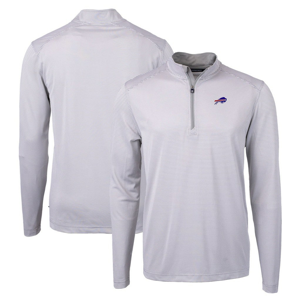 Buffalo Bills Cutter & Buck Virtue Eco Pique Micro Stripe Recycled Quarter-Zip Pullover Top Gray/White