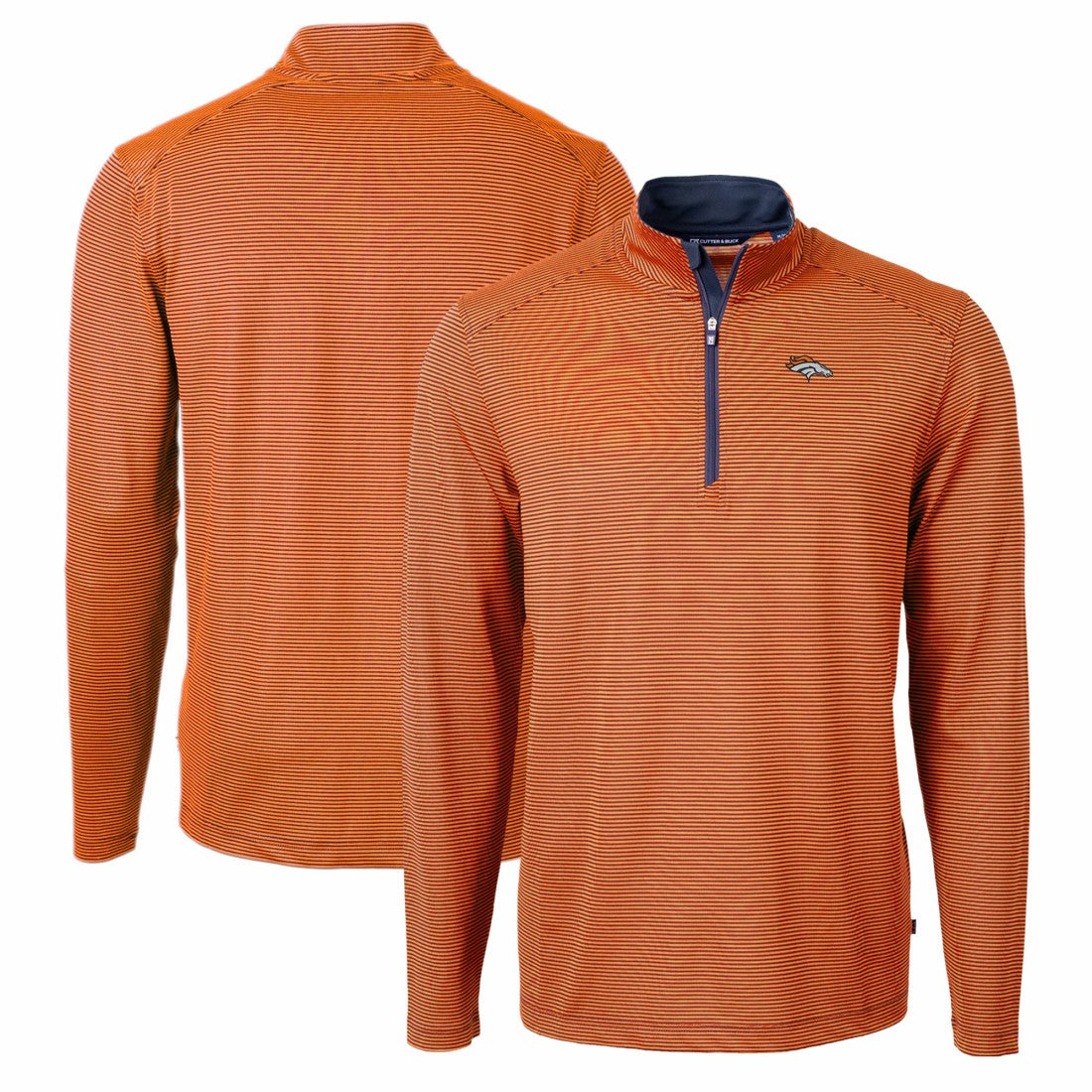 Denver Broncos Cutter & Buck Virtue Eco Pique Micro Stripe Recycled Quarter-Zip Pullover Top Orange/Navy