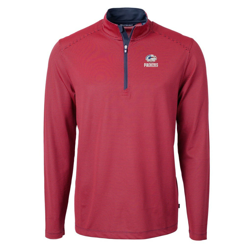 Green Bay Packers Cutter & Buck Virtue Eco Pique Micro Stripe Recycled Quarter-Zip Pullover Top Red/Navy