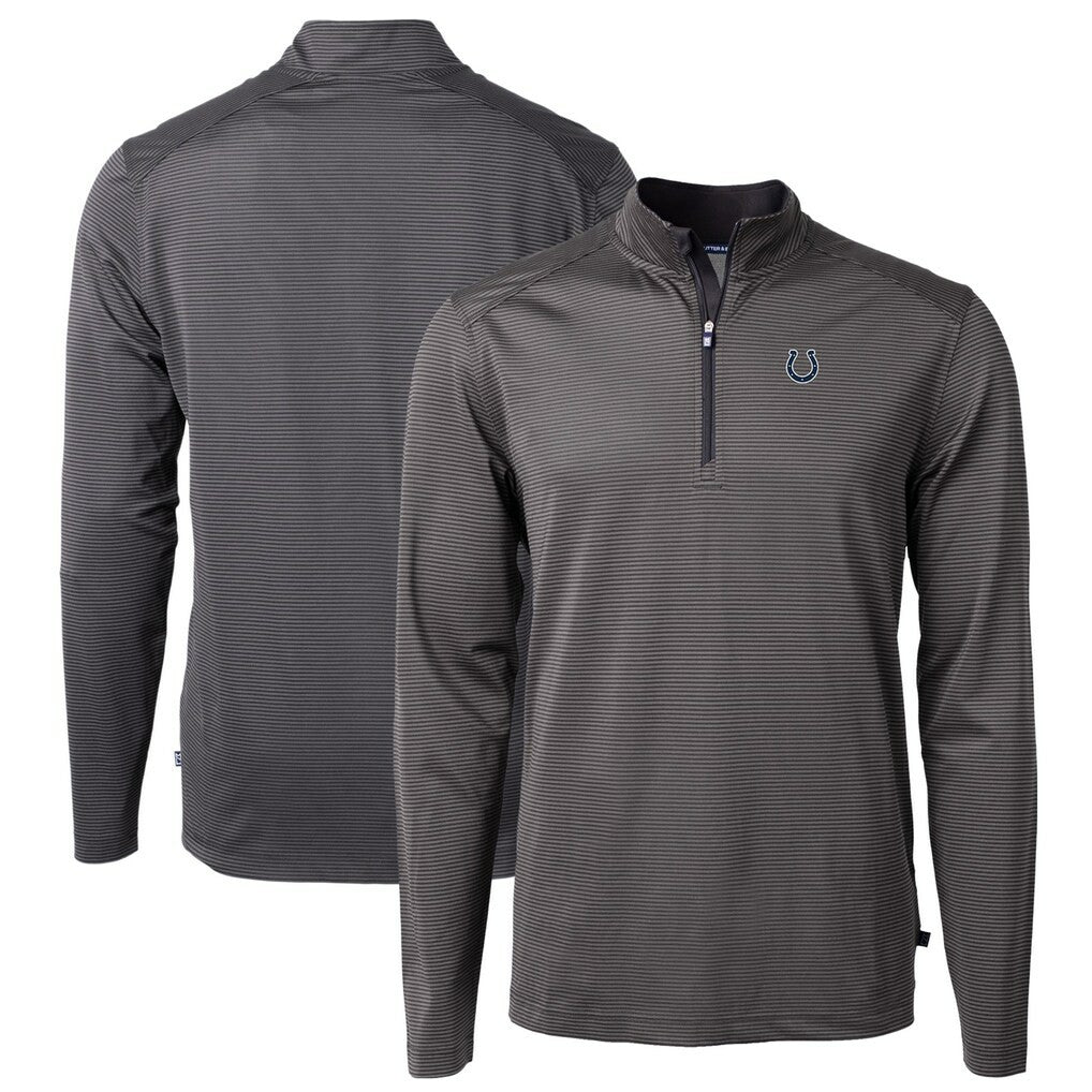 Indianapolis Colts Cutter & Buck Virtue Eco Pique Micro Stripe Recycled Quarter-Zip Pullover Top Black/Gray