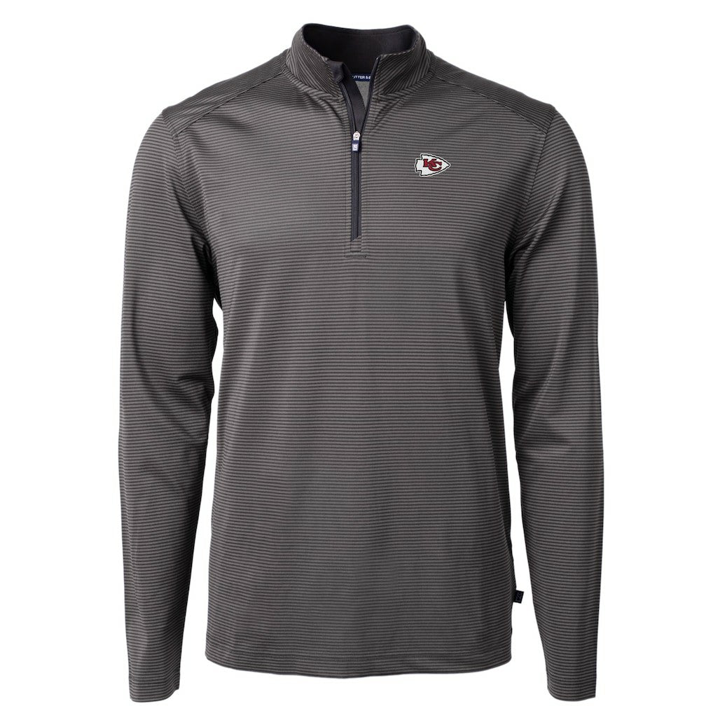 Kansas City Chiefs Cutter & Buck Virtue Eco Pique Micro Stripe Recycled Quarter-Zip Pullover Top Black/Gray