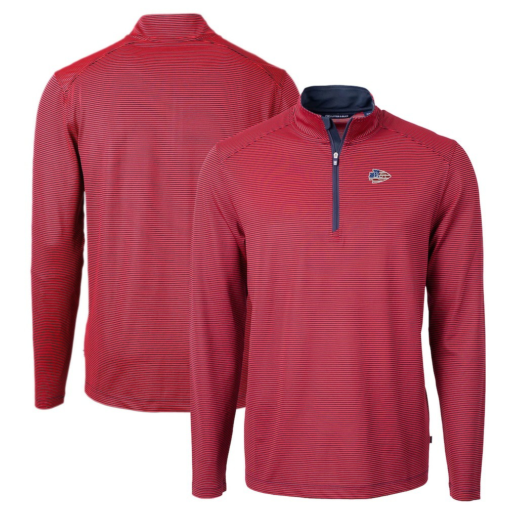 Kansas City Chiefs Cutter & Buck Virtue Eco Pique Micro Stripe Recycled Quarter-Zip Pullover Top Red/Navy