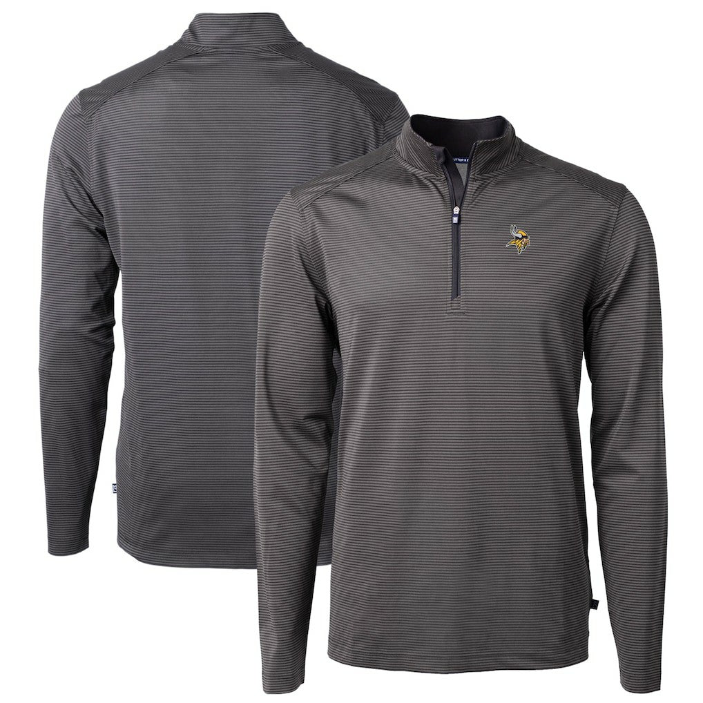 Minnesota Vikings Cutter & Buck Virtue Eco Pique Micro Stripe Recycled Quarter-Zip Pullover Top Black/Gray