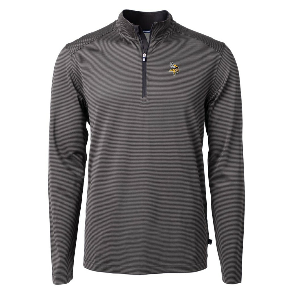 Minnesota Vikings Cutter & Buck Virtue Eco Pique Micro Stripe Recycled Quarter-Zip Pullover Top Black/Gray