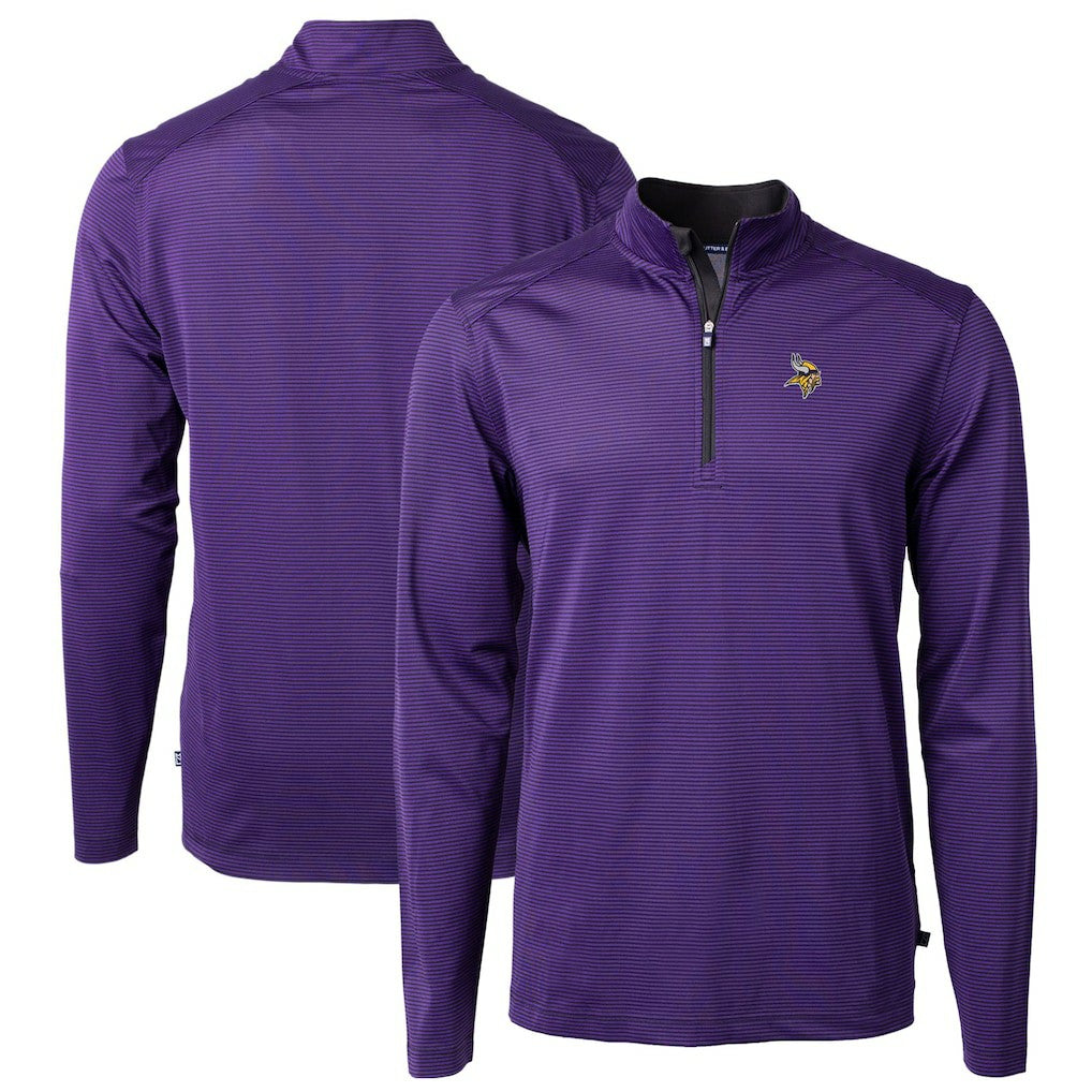 Minnesota Vikings Cutter & Buck Virtue Eco Pique Micro Stripe Recycled Quarter-Zip Pullover Top Purple/Black