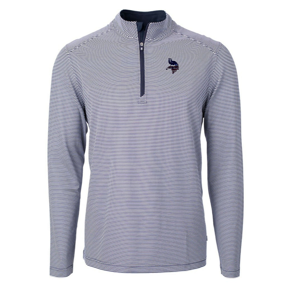 Minnesota Vikings Cutter & Buck Virtue Eco Pique Micro Stripe Recycled Quarter-Zip Pullover Top Navy/White