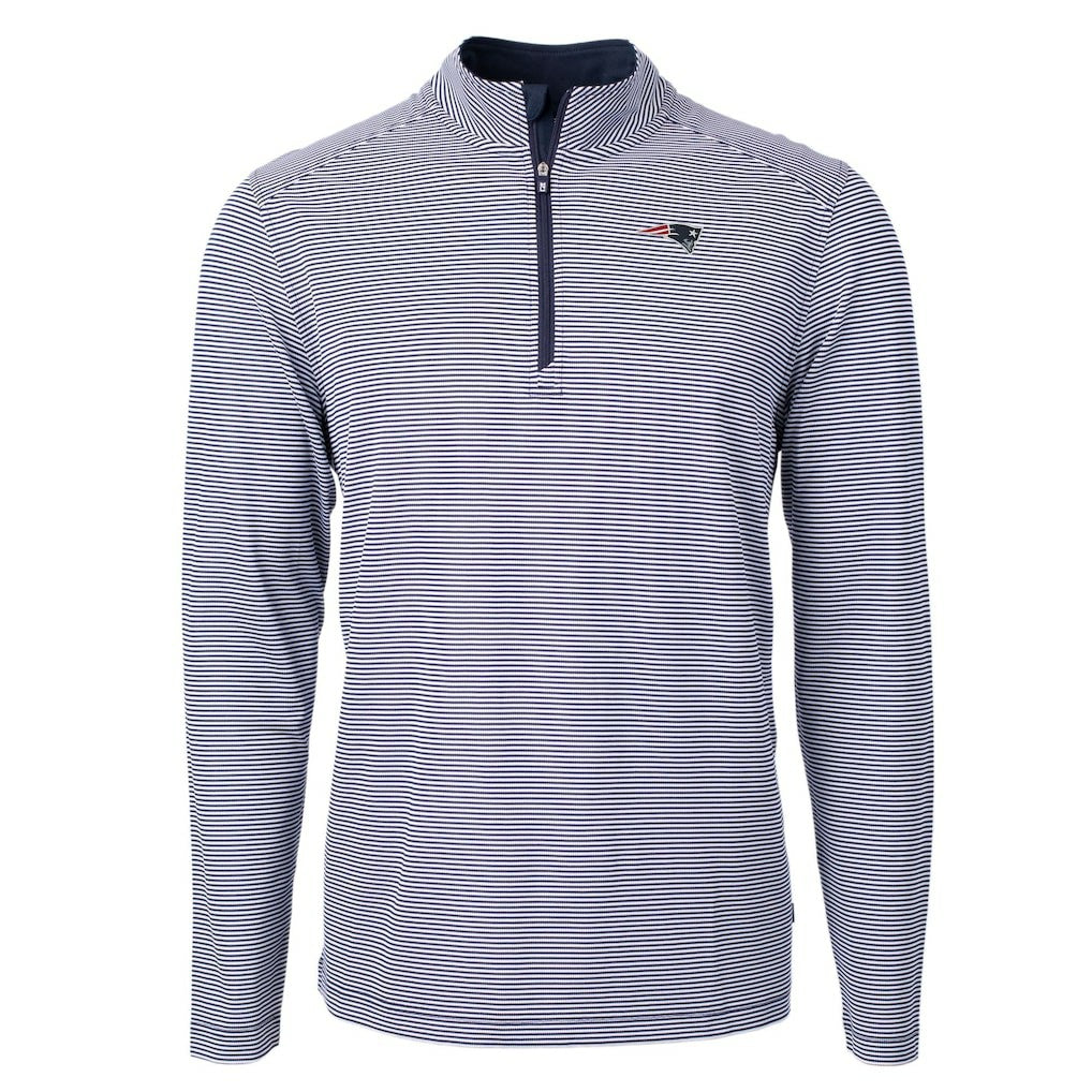 New England Patriots Cutter & Buck Virtue Eco Pique Micro Stripe Recycled Quarter-Zip Pullover Top Navy/White