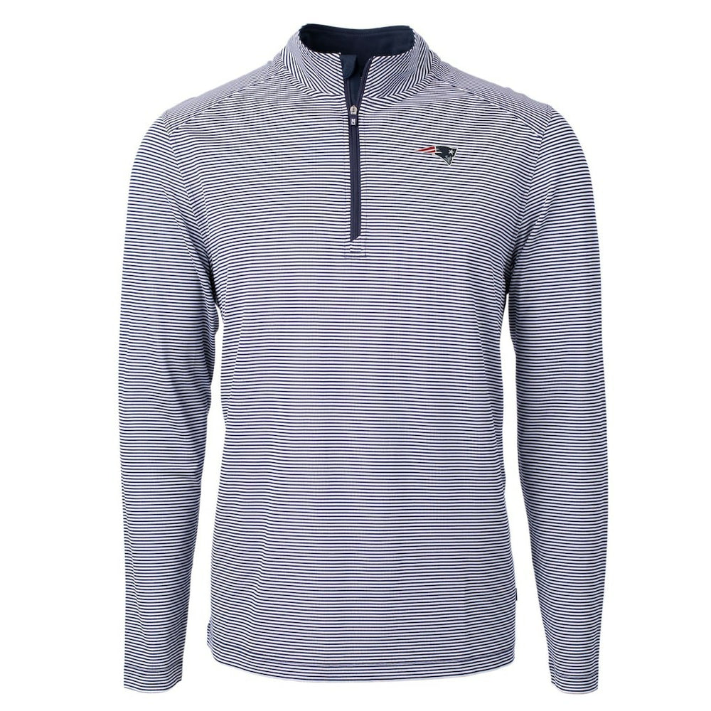 New England Patriots Cutter & Buck Virtue Eco Pique Micro Stripe Recycled Quarter-Zip Pullover Top Navy/White