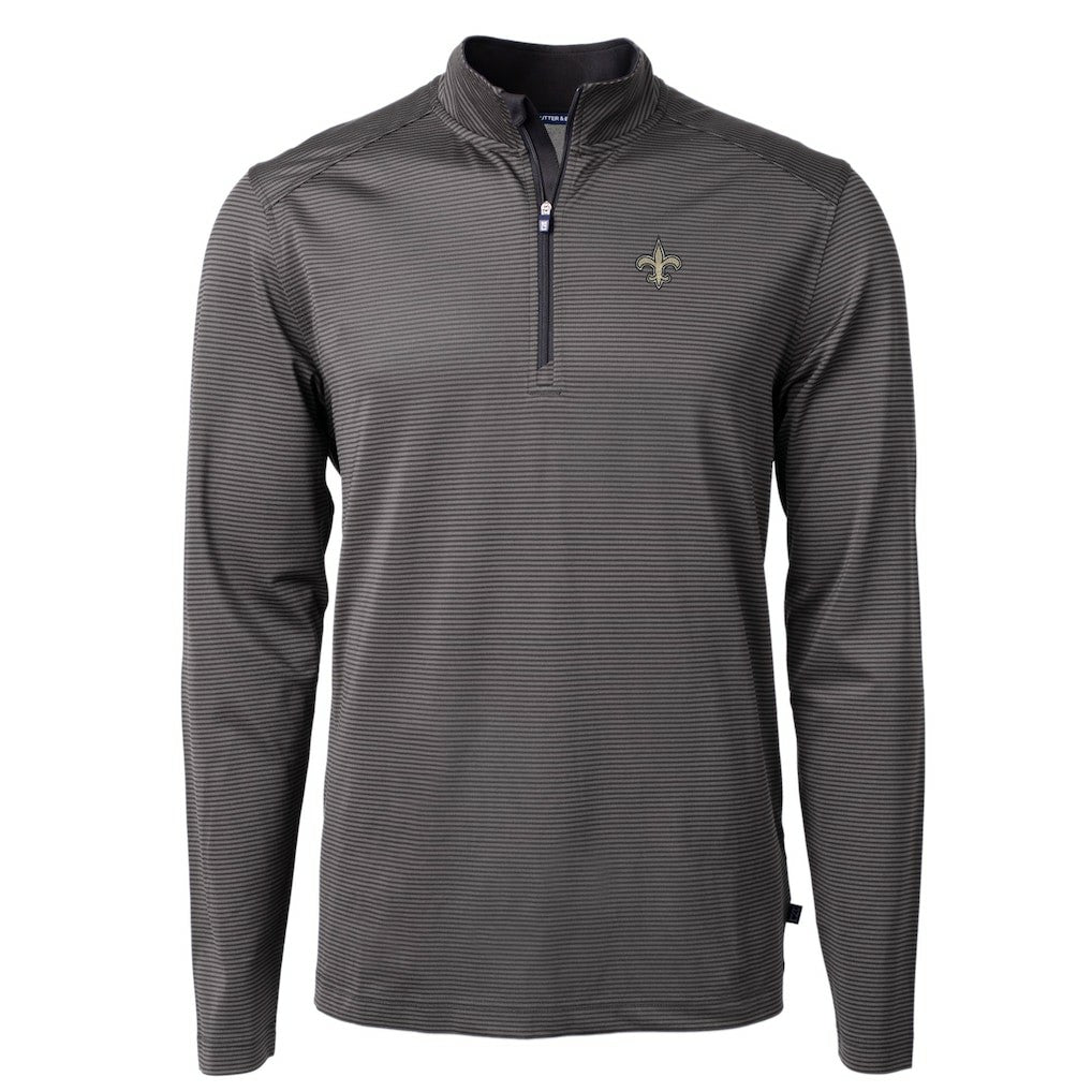 New Orleans Saints Cutter & Buck Virtue Eco Pique Micro Stripe Recycled Quarter-Zip Pullover Top Black/Gray