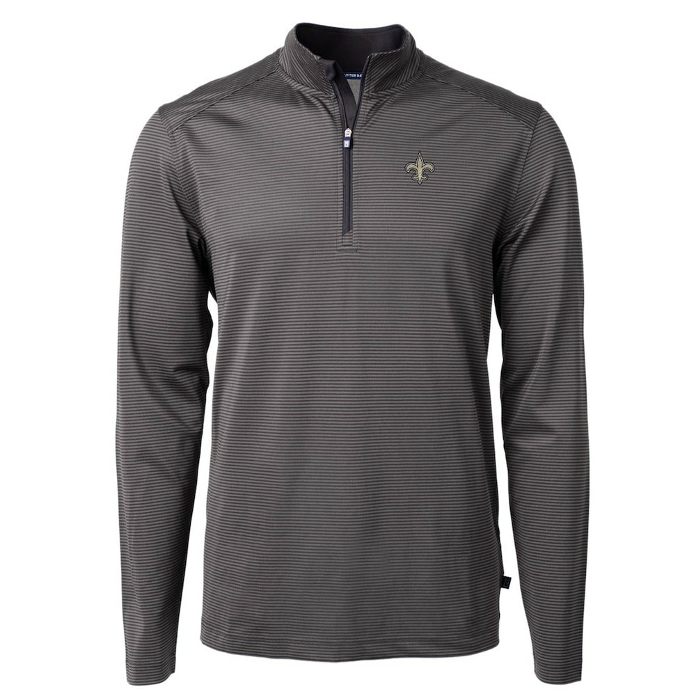 New Orleans Saints Cutter & Buck Virtue Eco Pique Micro Stripe Recycled Quarter-Zip Pullover Top Black/Gray