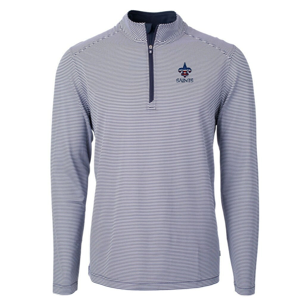 New Orleans Saints Cutter & Buck Virtue Eco Pique Micro Stripe Recycled Quarter-Zip Pullover Top Navy/White