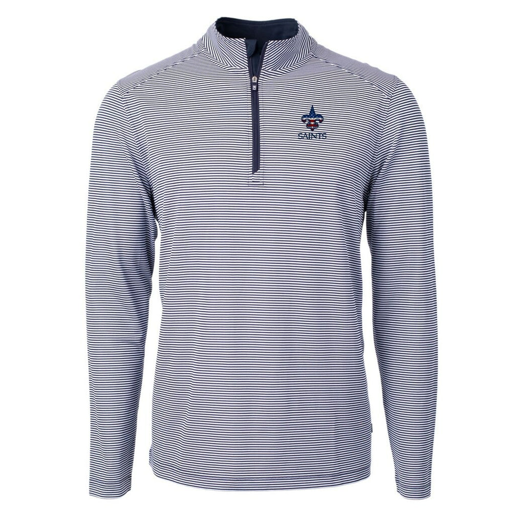 New Orleans Saints Cutter & Buck Virtue Eco Pique Micro Stripe Recycled Quarter-Zip Pullover Top Navy/White