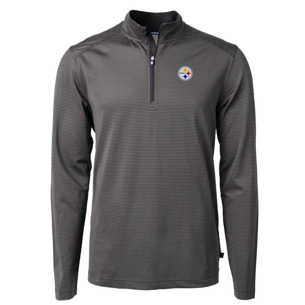Pittsburgh Steelers Cutter & Buck Virtue Eco Pique Micro Stripe Recycled Quarter-Zip Pullover Top Black/Gray