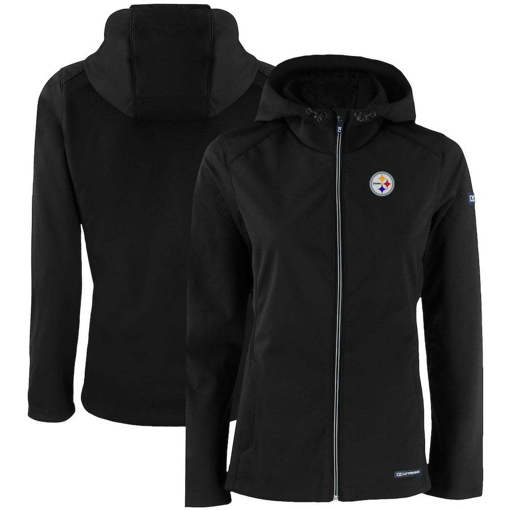 Pittsburgh Steelers Cutter & Buck Women's Evoke Eco Softshell Recycled Full-Zip Hooded Jacket Black