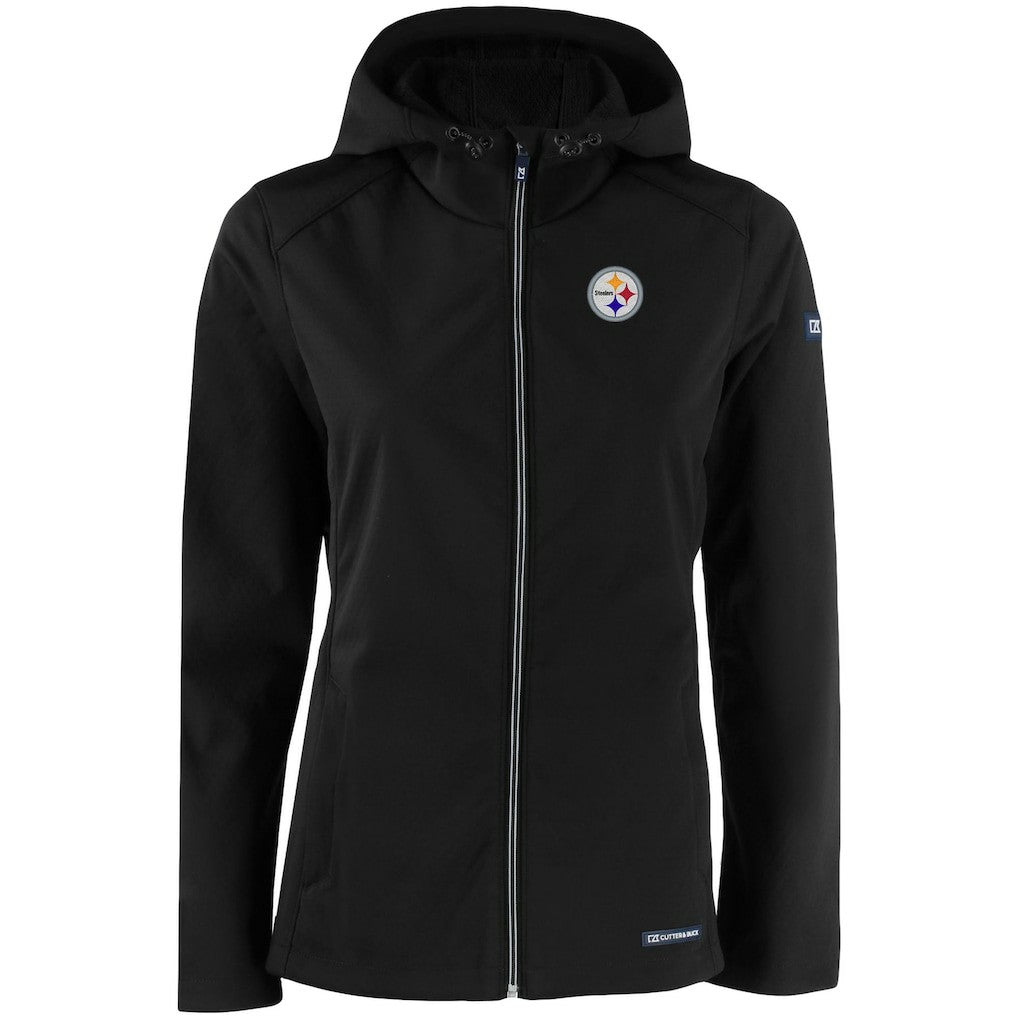 Pittsburgh Steelers Cutter & Buck Women's Evoke Eco Softshell Recycled Full-Zip Hooded Jacket Black