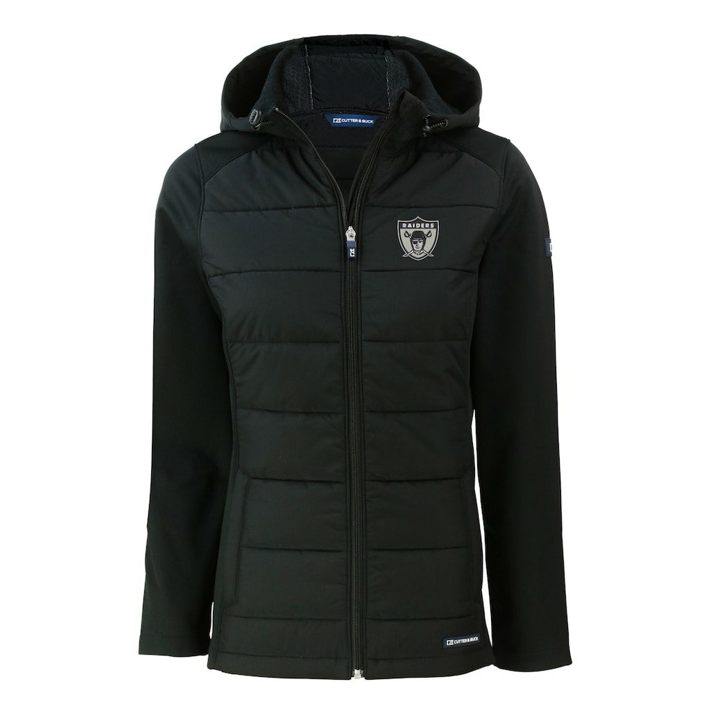 Las Vegas Raiders Cutter & Buck Women's Throwback Evoke Hybrid Eco Softshell Recycled Full-Zip Hoodie Jacket Black