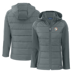 Miami Dolphins Cutter & Buck Women's Throwback Evoke Hybrid Eco Softshell Recycled Full-Zip Hoodie Jacket Gray