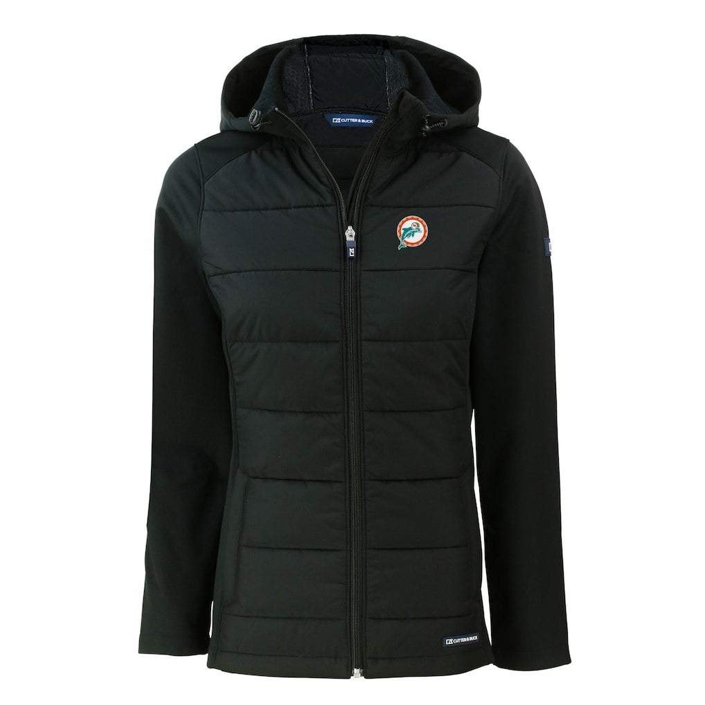 Miami Dolphins Cutter & Buck Women's Throwback Evoke Hybrid Eco Softshell Recycled Full-Zip Hoodie Jacket Black