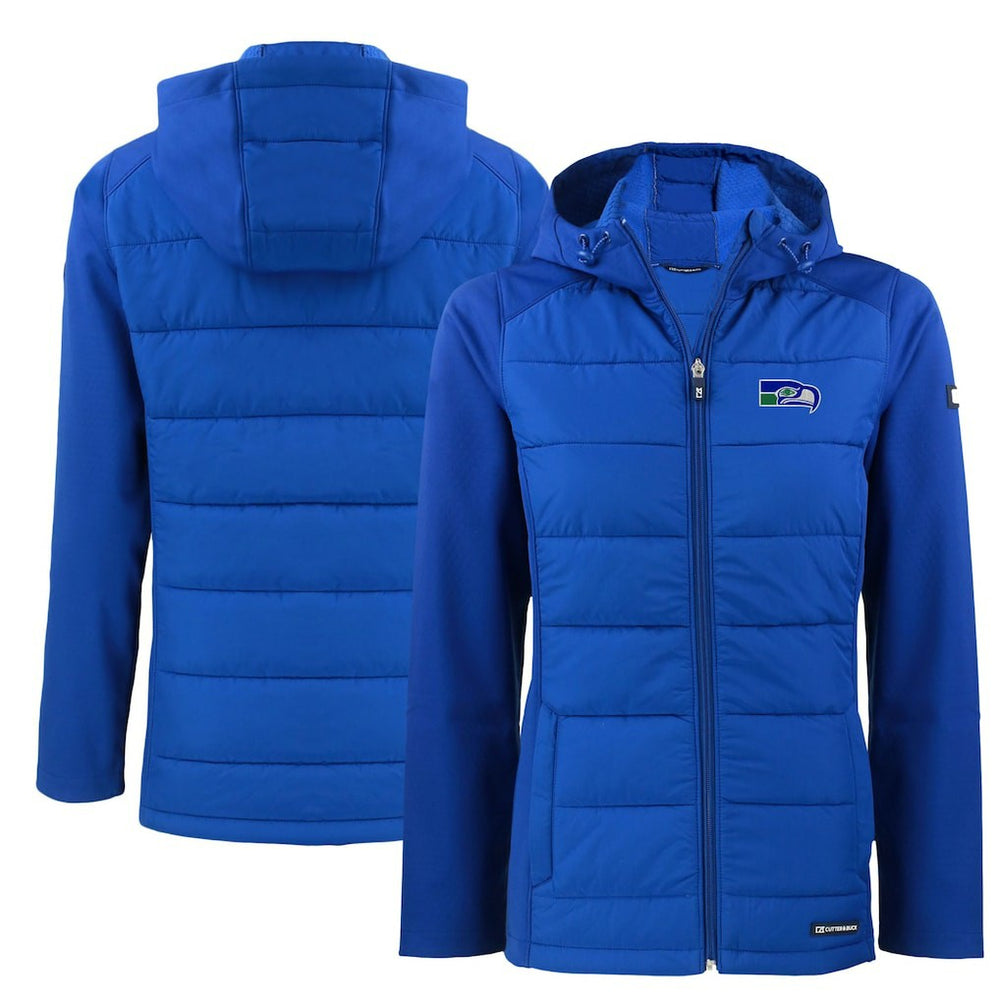Seattle Seahawks Cutter & Buck Women's Throwback Evoke Hybrid Eco Softshell Recycled Full-Zip Hoodie Jacket Blue