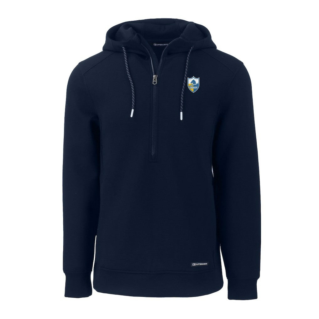 Los Angeles Chargers Cutter & Buck Throwback Roam Eco Half-Zip Recycled Pullover Hoodie Navy