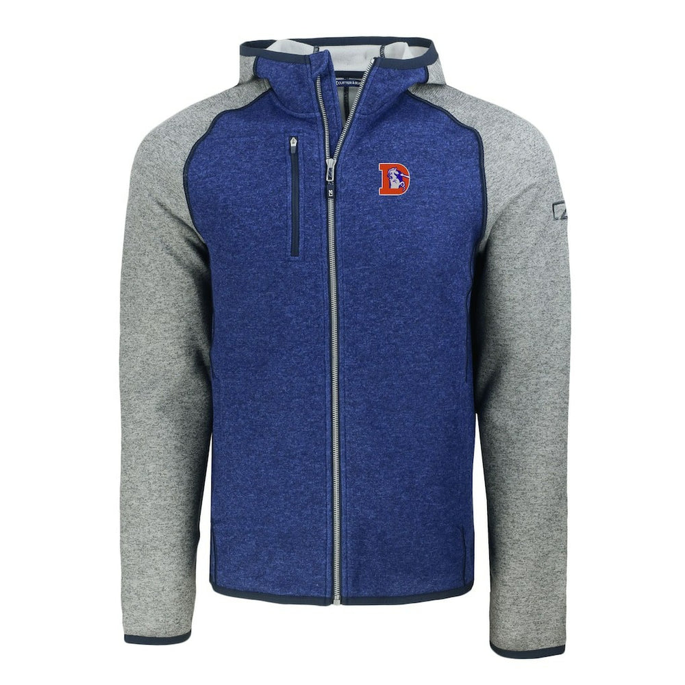 Denver Broncos Cutter & Buck Throwback Mainsail Sweater-Knit Full-Zip Hoodie Royal/Heather Gray
