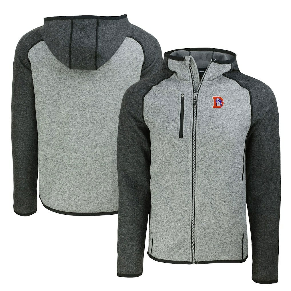 Denver Broncos Cutter & Buck Throwback Mainsail Sweater-Knit Full-Zip Hoodie Heather Gray/Heather Charcoal
