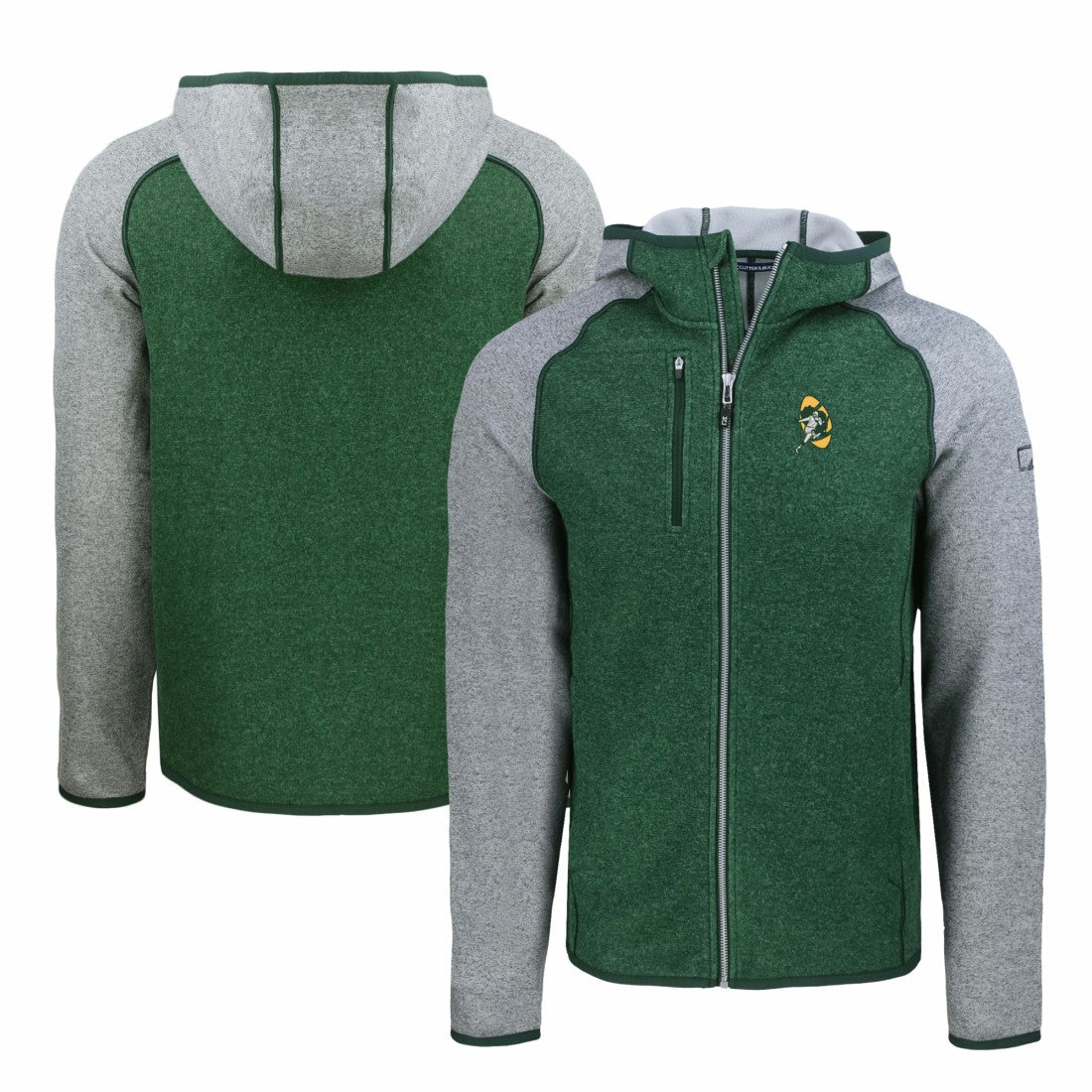 Green Bay Packers Cutter & Buck Throwback Mainsail Sweater-Knit Full-Zip Hoodie Heather Green/Heather Gray