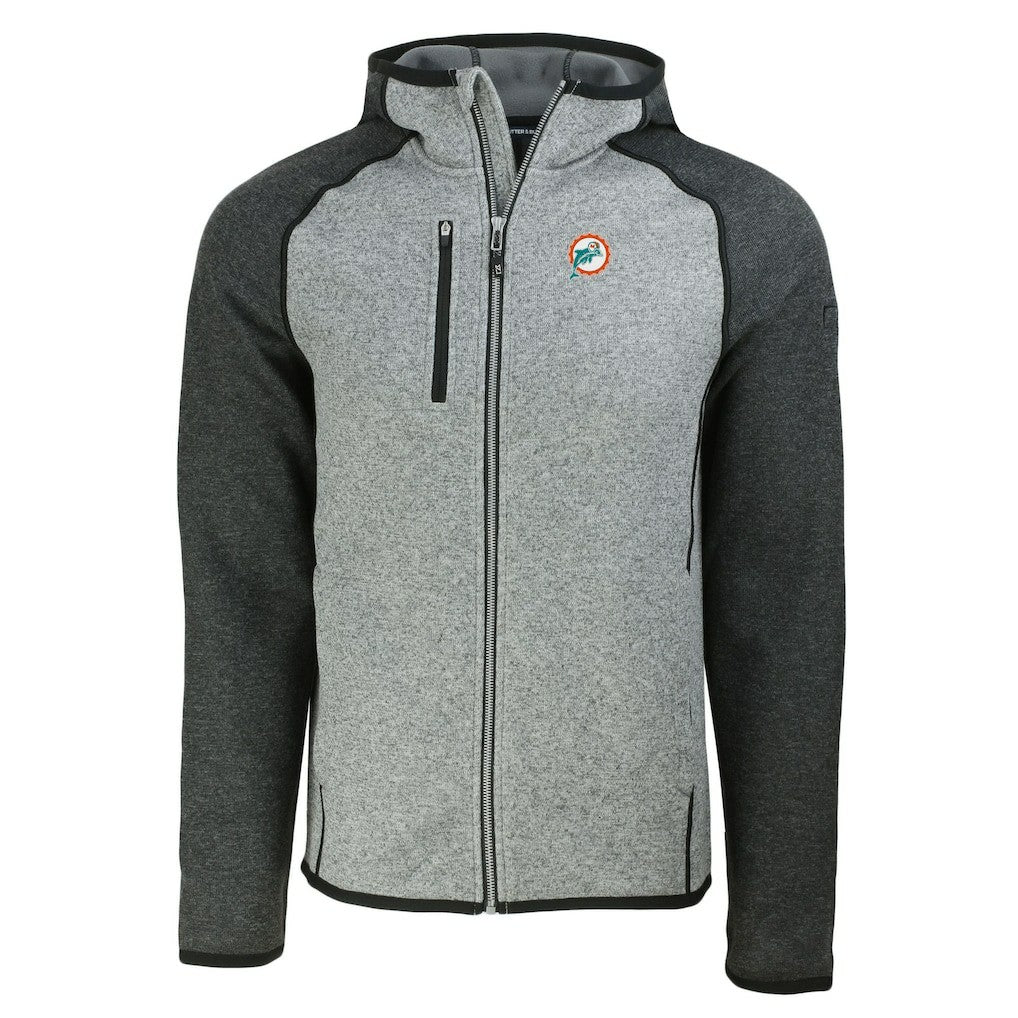 Miami Dolphins Cutter & Buck Throwback Mainsail Sweater-Knit Full-Zip Hoodie Heather Gray/Heather Charcoal