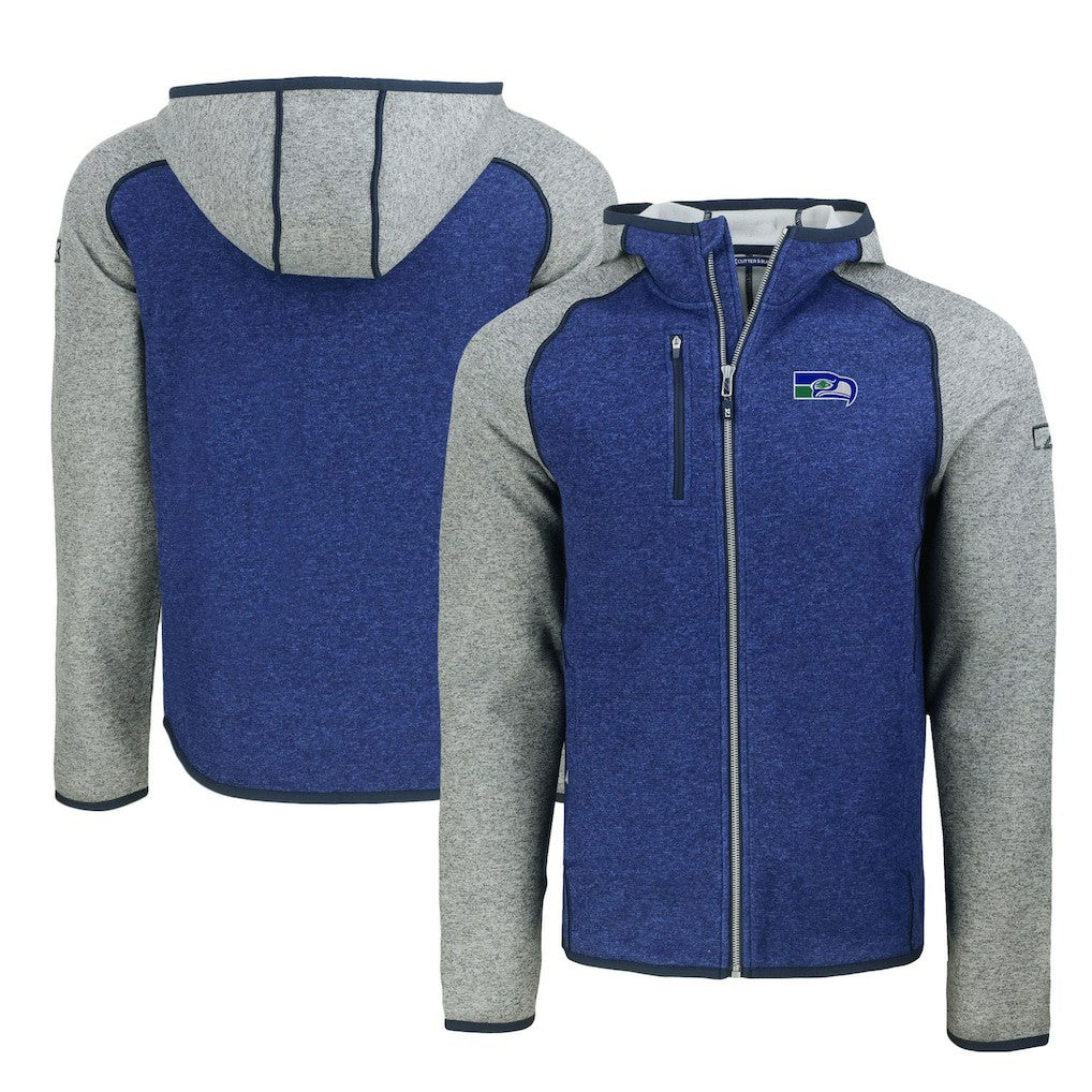 Seattle Seahawks Cutter & Buck Throwback Mainsail Sweater-Knit Full-Zip Hoodie Heather Blue/Heather Gray