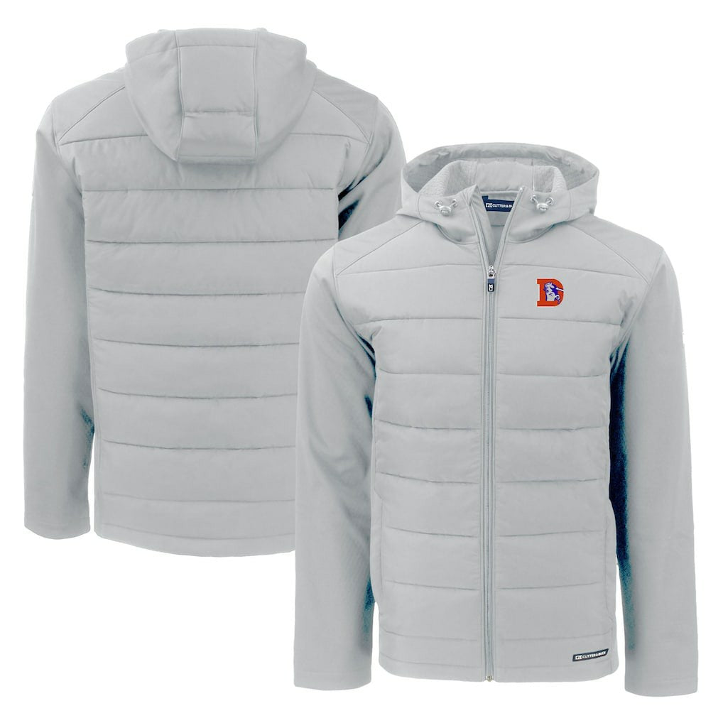 Denver Broncos Cutter & Buck Throwback Evoke Hybrid Eco Softshell Recycled Full-Zip Hoodie Jacket Gray