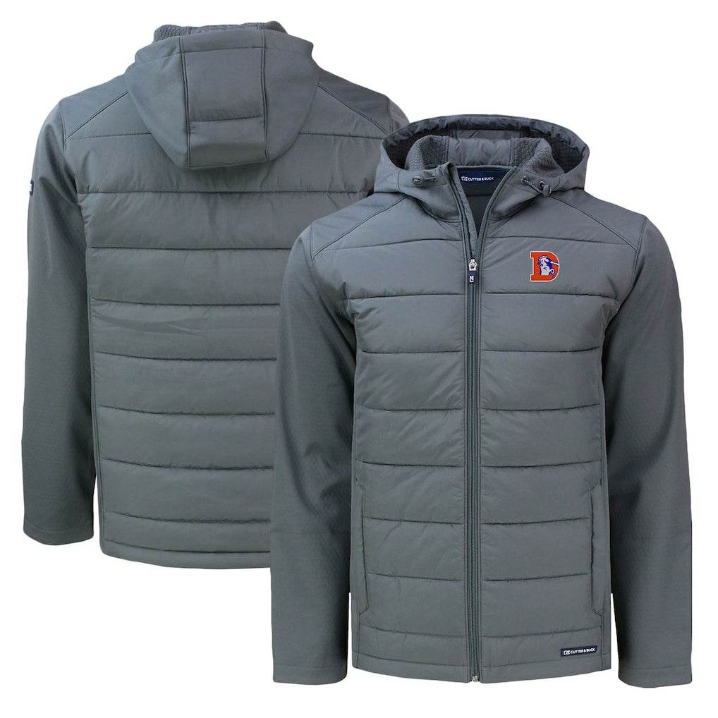 Denver Broncos Cutter & Buck Throwback Evoke Hybrid Eco Softshell Recycled Full-Zip Hoodie Jacket Gray