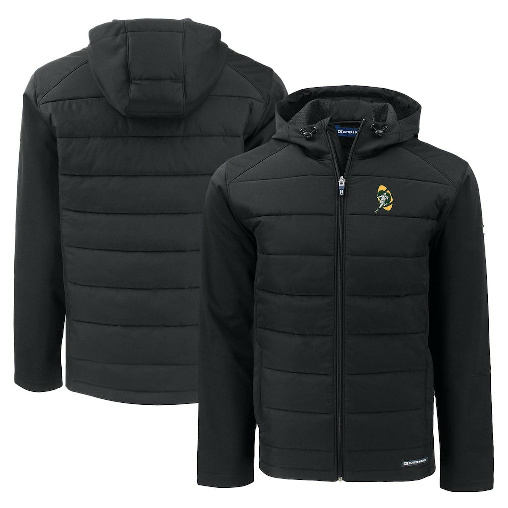 Green Bay Packers Cutter & Buck Throwback Evoke Hybrid Eco Softshell Recycled Full-Zip Hoodie Jacket Black