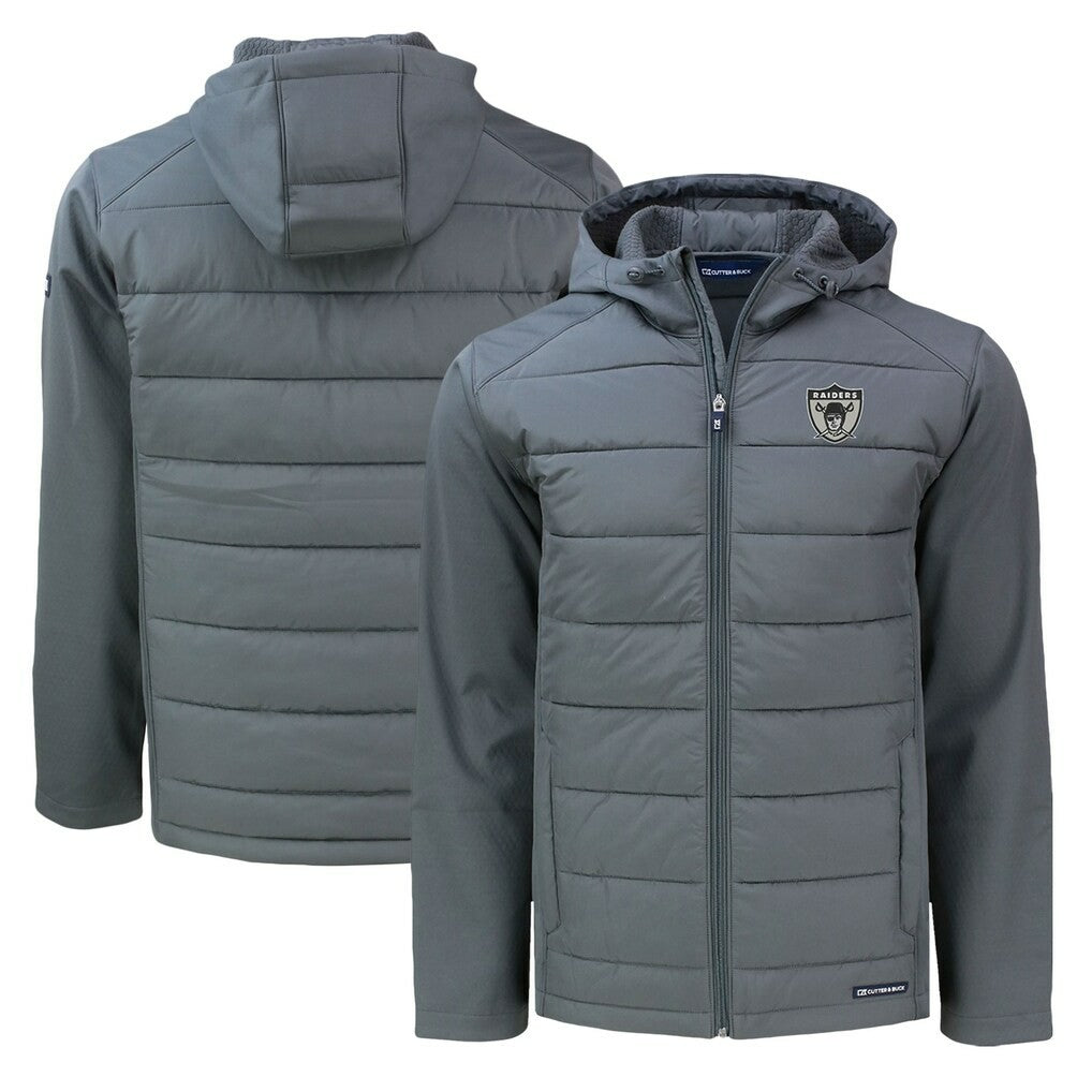 Las Vegas Raiders Cutter & Buck Throwback Evoke Hybrid Eco Softshell Recycled Full-Zip Hoodie Jacket Gray
