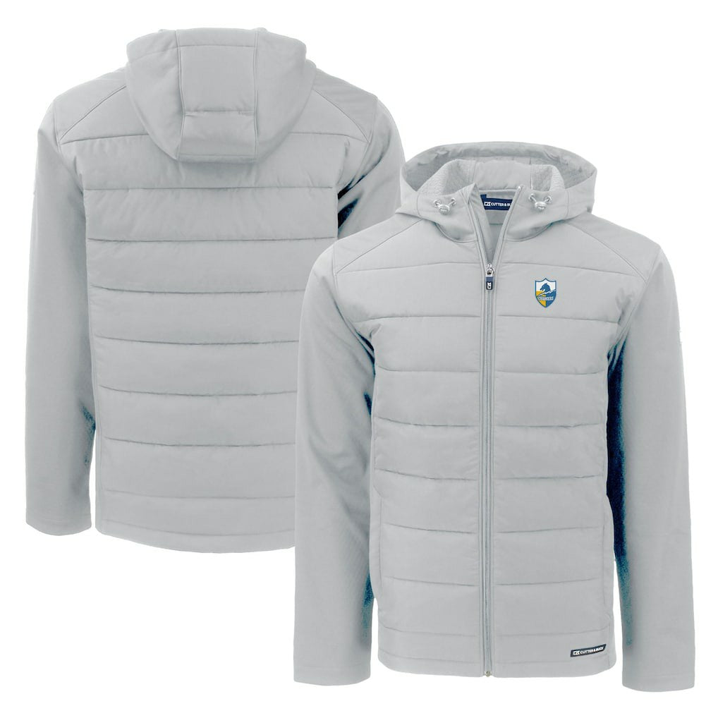 Los Angeles Chargers Cutter & Buck Throwback Evoke Hybrid Eco Softshell Recycled Full-Zip Hoodie Jacket Gray