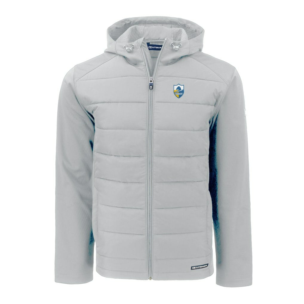 Los Angeles Chargers Cutter & Buck Throwback Evoke Hybrid Eco Softshell Recycled Full-Zip Hoodie Jacket Gray