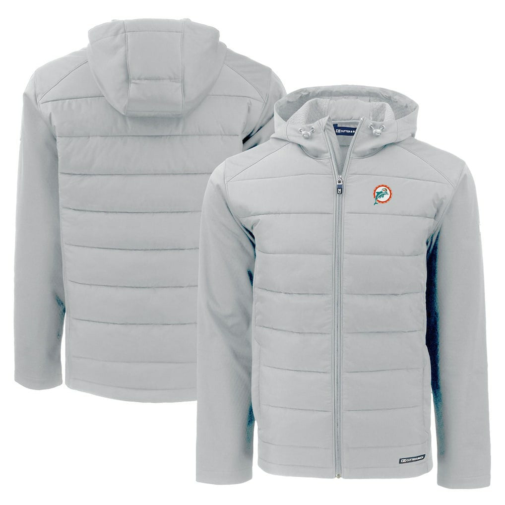 Miami Dolphins Cutter & Buck Throwback Evoke Hybrid Eco Softshell Recycled Full-Zip Hoodie Jacket Gray