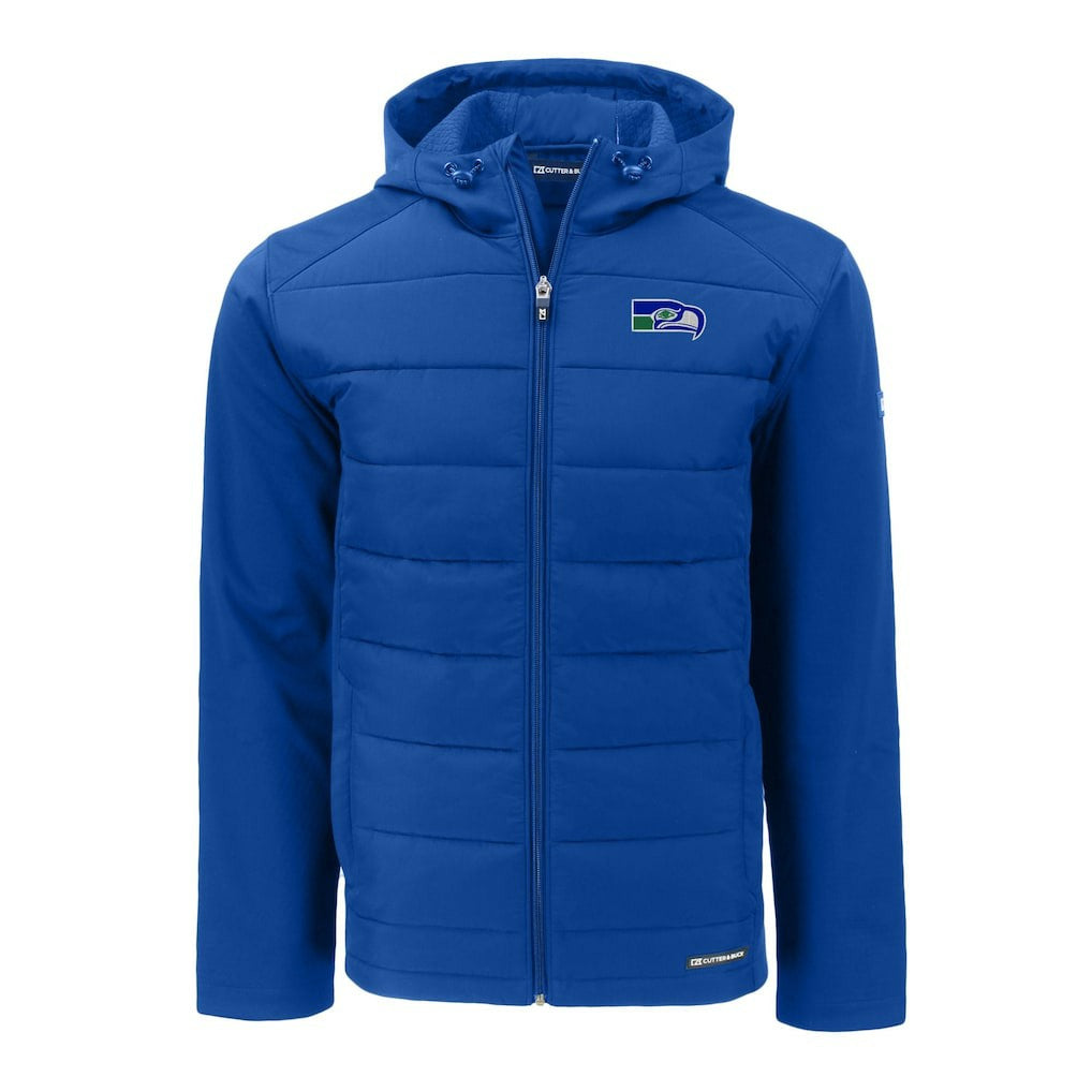 Seattle Seahawks Cutter & Buck Throwback Evoke Hybrid Eco Softshell Recycled Full-Zip Hoodie Jacket Royal