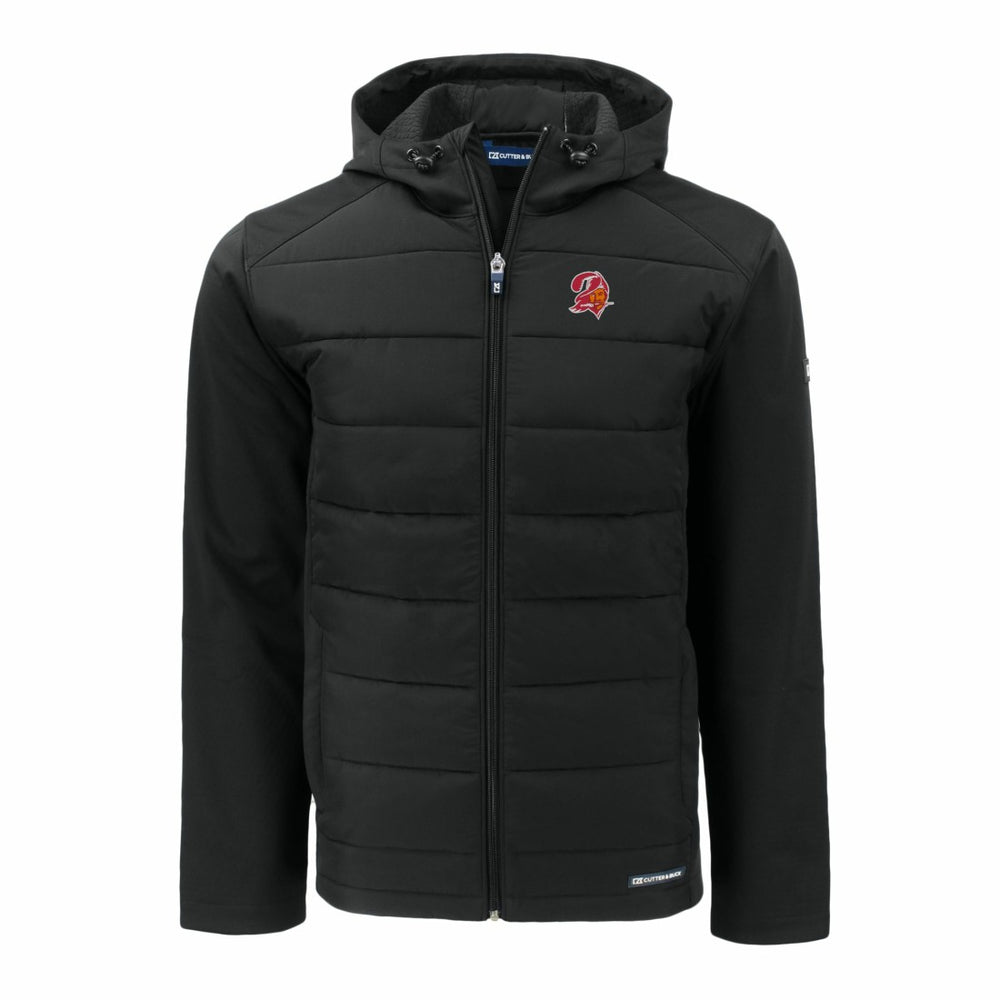 Tampa Bay Buccaneers Cutter & Buck Throwback Evoke Hybrid Eco Softshell Recycled Full-Zip Hoodie Jacket Black