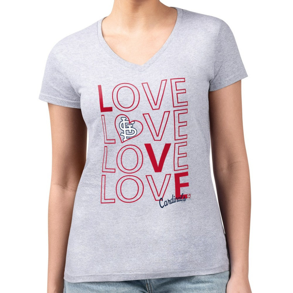 St. Louis Cardinals G-III 4Her by Carl Banks Women's Super-Slim Fit Lightweight Love Graphic Team V-Neck T-Shirt - Heather Gray - MLB Discount