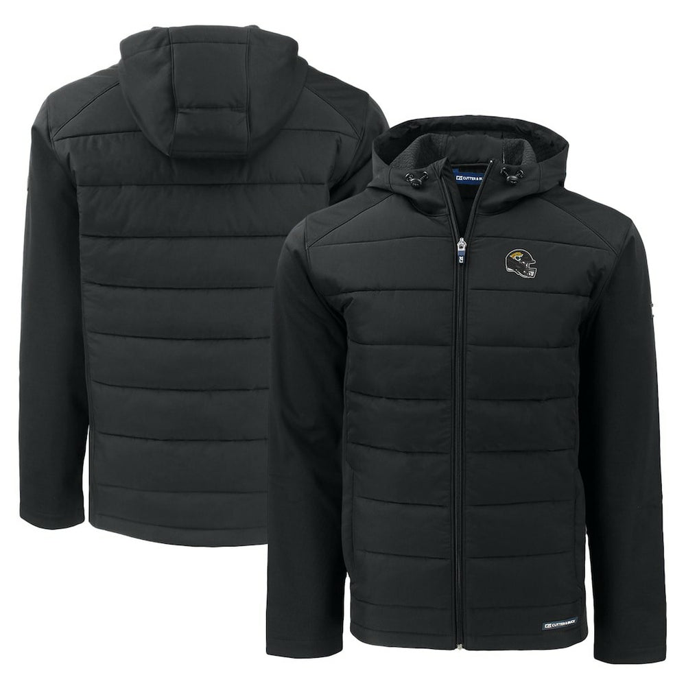 Jacksonville Jaguars Cutter & Buck Helmet Evoke Hybrid Eco Softshell Recycled Full-Zip Hoodie Jacket Black