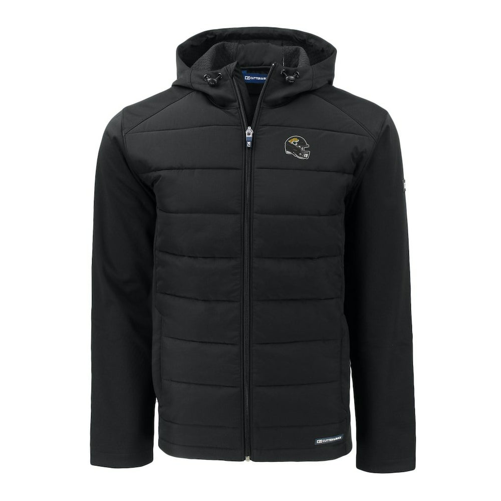 Jacksonville Jaguars Cutter & Buck Helmet Evoke Hybrid Eco Softshell Recycled Full-Zip Hoodie Jacket Black