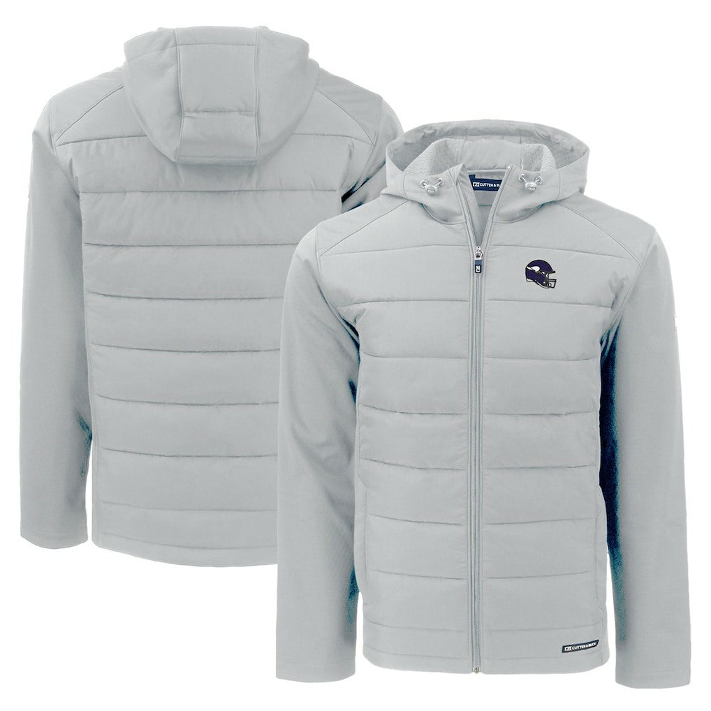 Minnesota Vikings Cutter & Buck Helmet Evoke Hybrid Eco Softshell Recycled Full-Zip Hoodie Jacket Gray