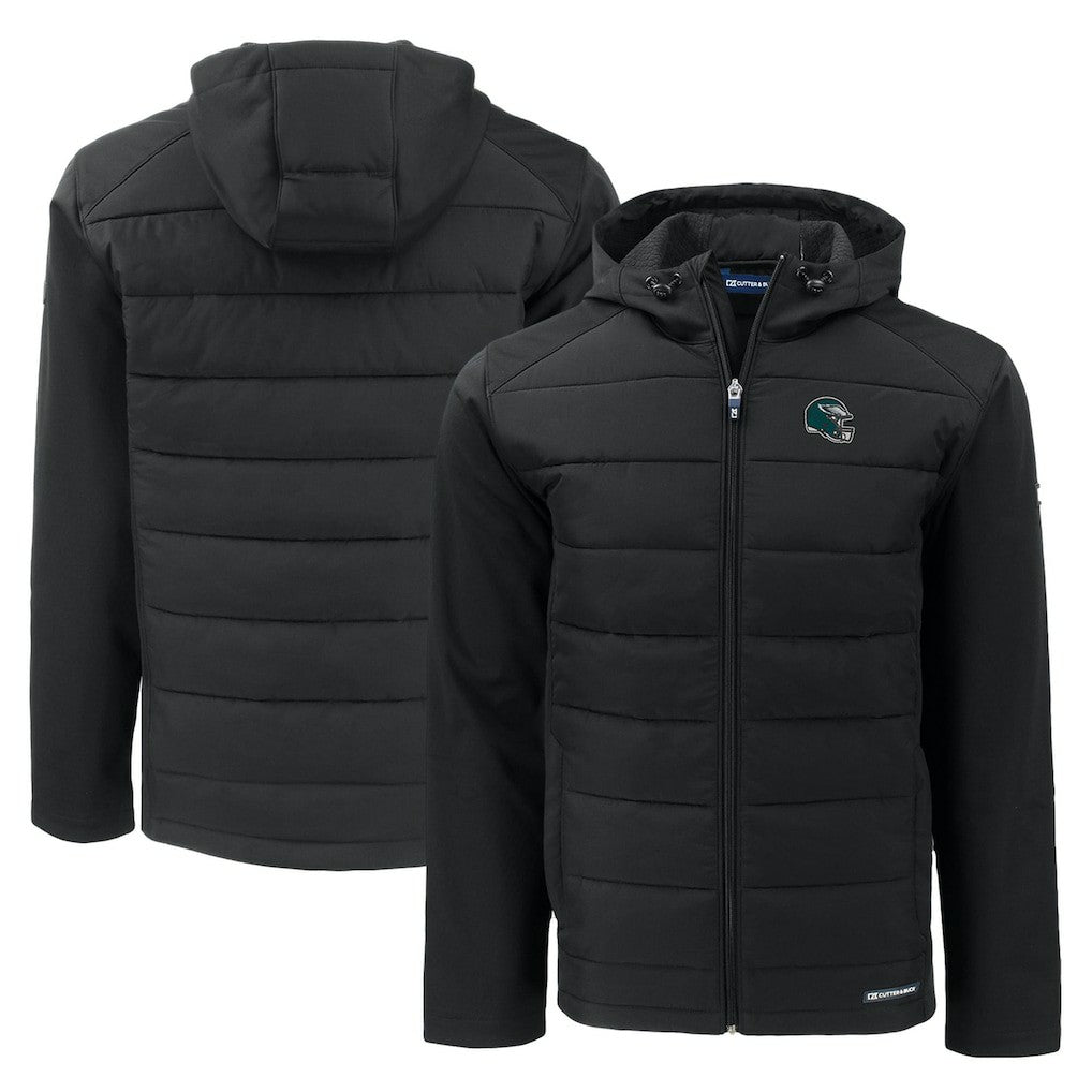Philadelphia Eagles Cutter & Buck Helmet Evoke Hybrid Eco Softshell Recycled Full-Zip Hoodie Jacket Black