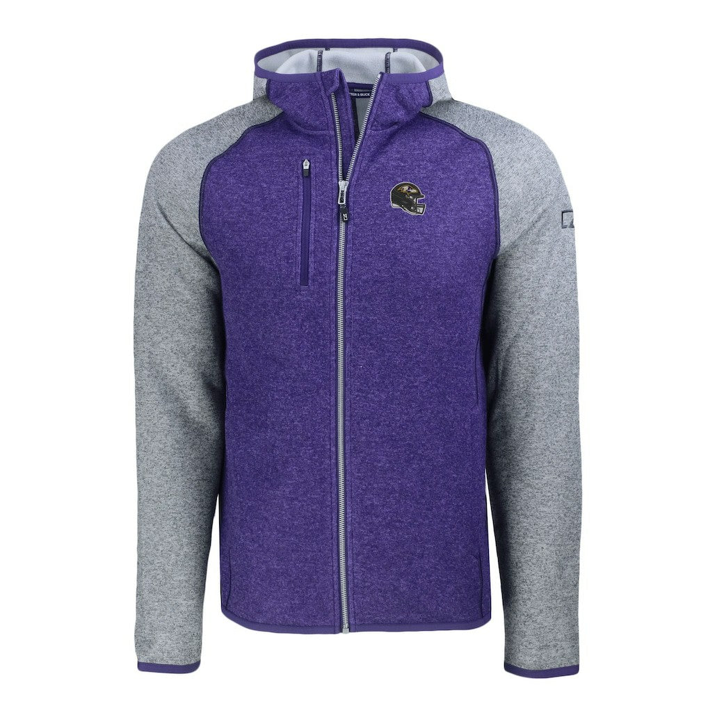 Baltimore Ravens Cutter & Buck Helmet Mainsail Sweater-Knit Full-Zip Hoodie Heather Purple/Heather Gray