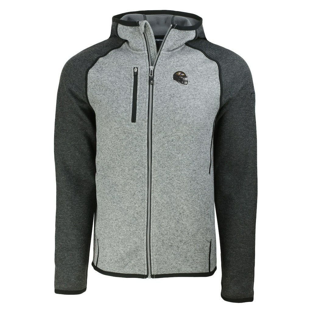 Baltimore Ravens Cutter & Buck Helmet Mainsail Sweater-Knit Full-Zip Hoodie Heather Gray/Heather Charcoal