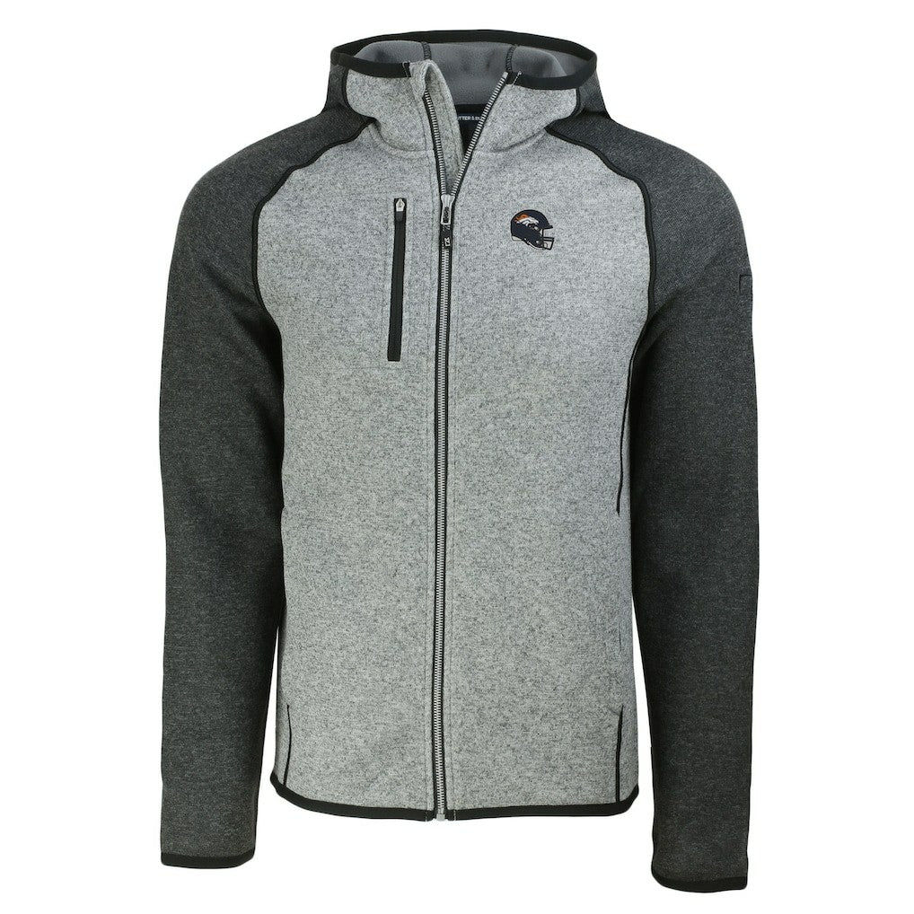 Denver Broncos Cutter & Buck Helmet Mainsail Sweater-Knit Full-Zip Hoodie Heather Gray/Heather Charcoal